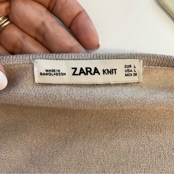 Zara Knit Mixed Media Open Front Waterfall Cardigan Tan and Faux Black Leather - Picture 6 of 9